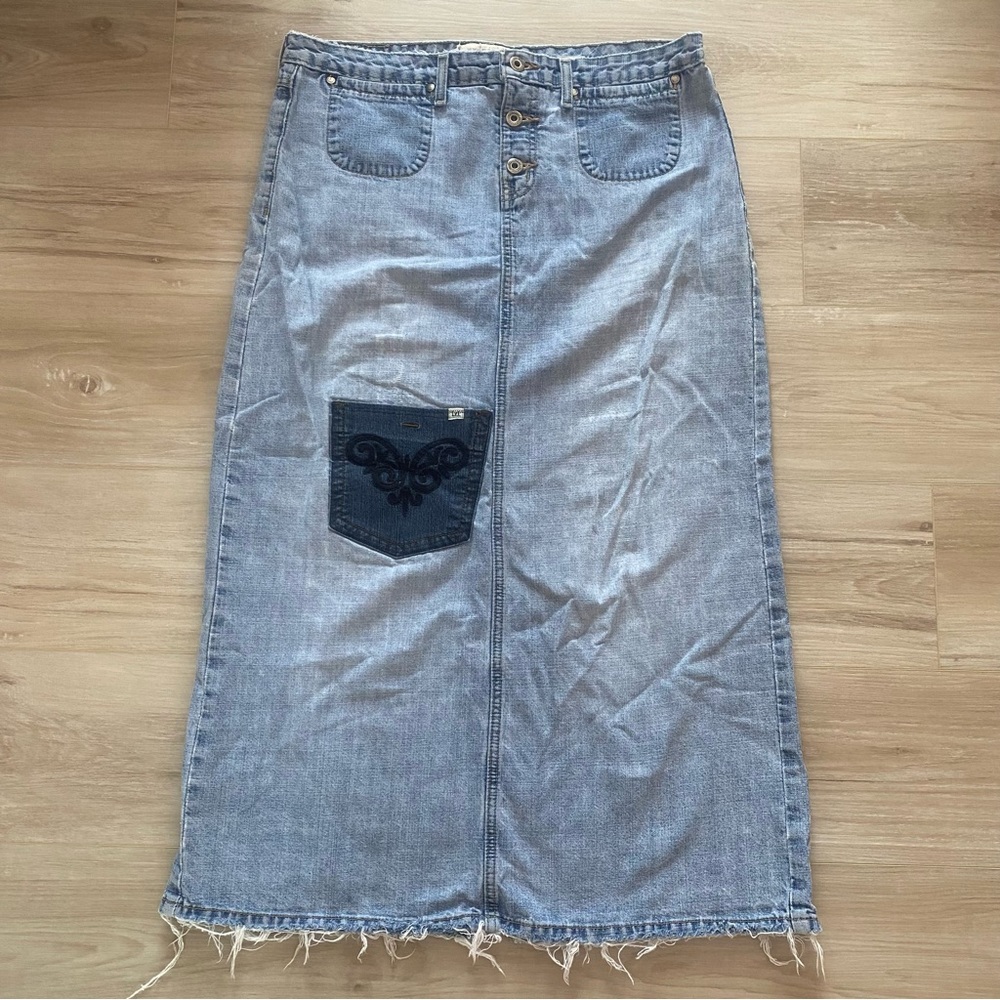 Vintage Y2K Hydraulic Denim Maxi Skirt Distressed Patchwork 13/14